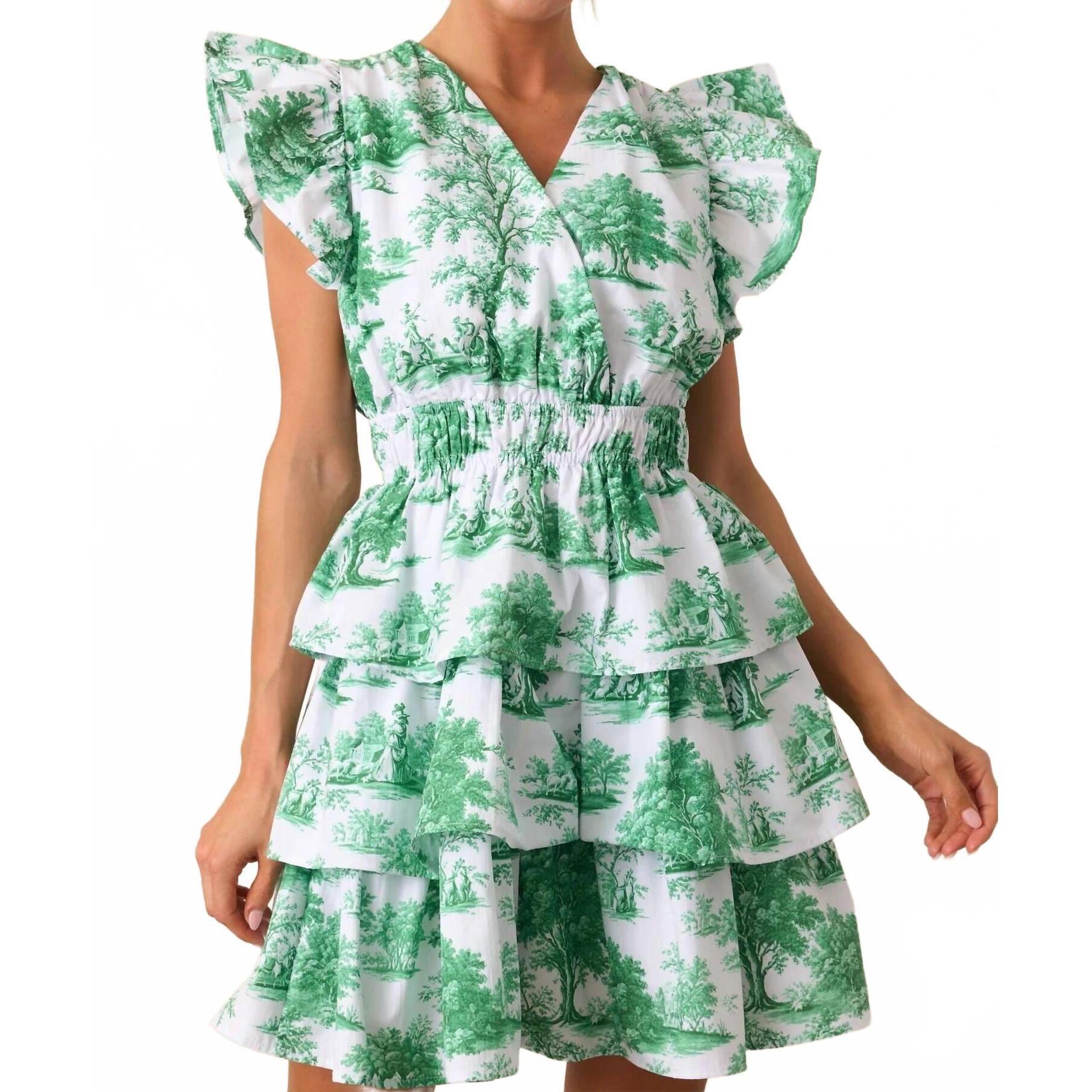 New Prosperina Bridget Eden Toile Ruffle Mini Dress In Green